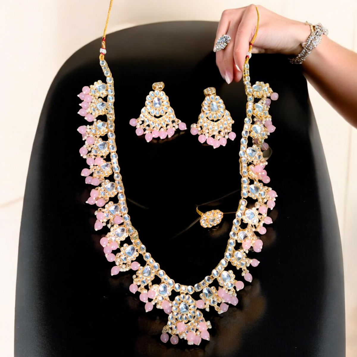 Dazzling Kundan Ethnic Bridal Necklace Earring Ring Set,Kundan Bridal Necklace Set - Indian Choker with Earrings