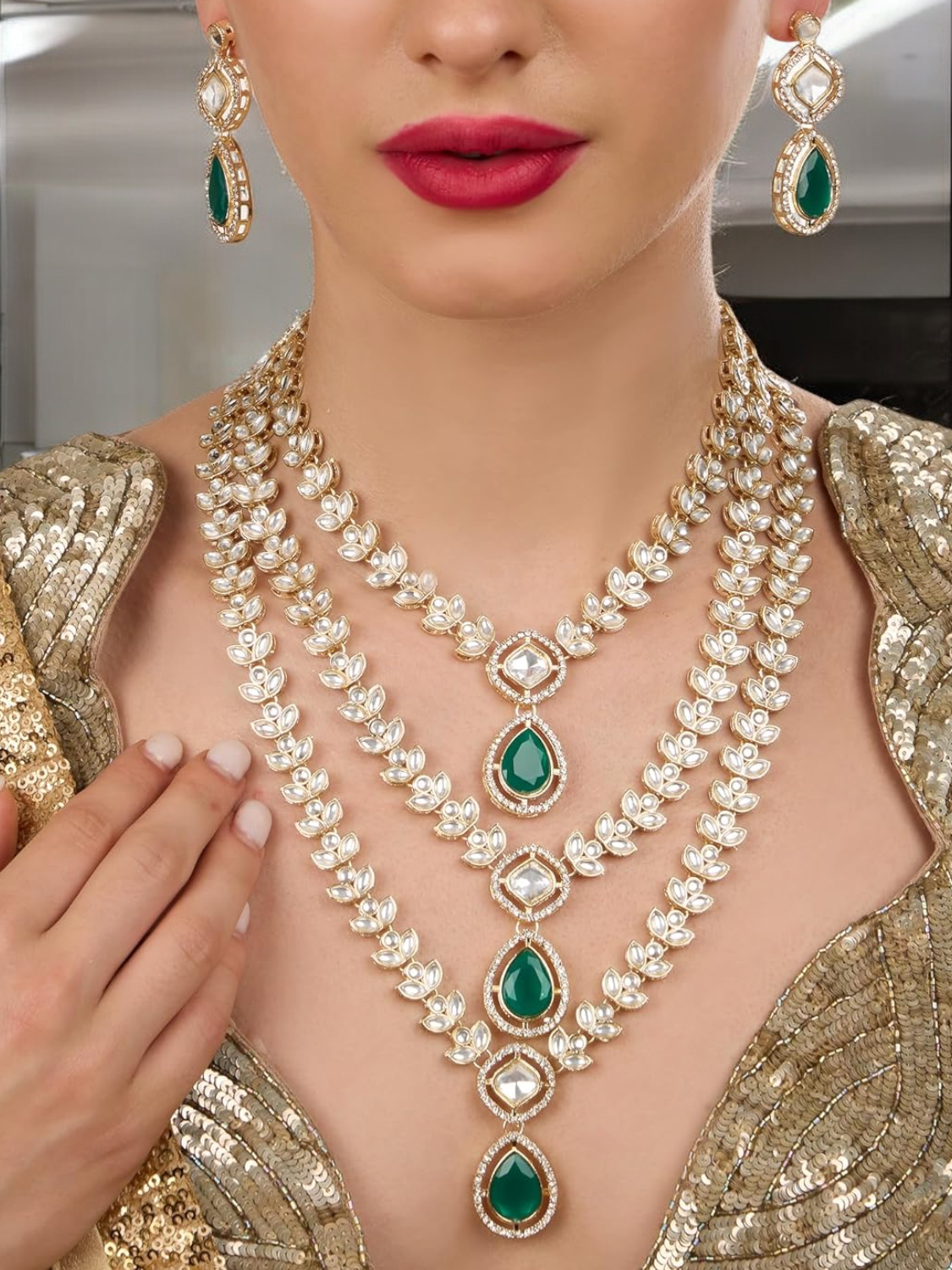 Green CZ Bridal Necklace Earrings Bollywod Jewelry Set, Green Bridal jewelry, Bridal AD Jewelry, Indian jewelry Set, Necklace Earrings Set