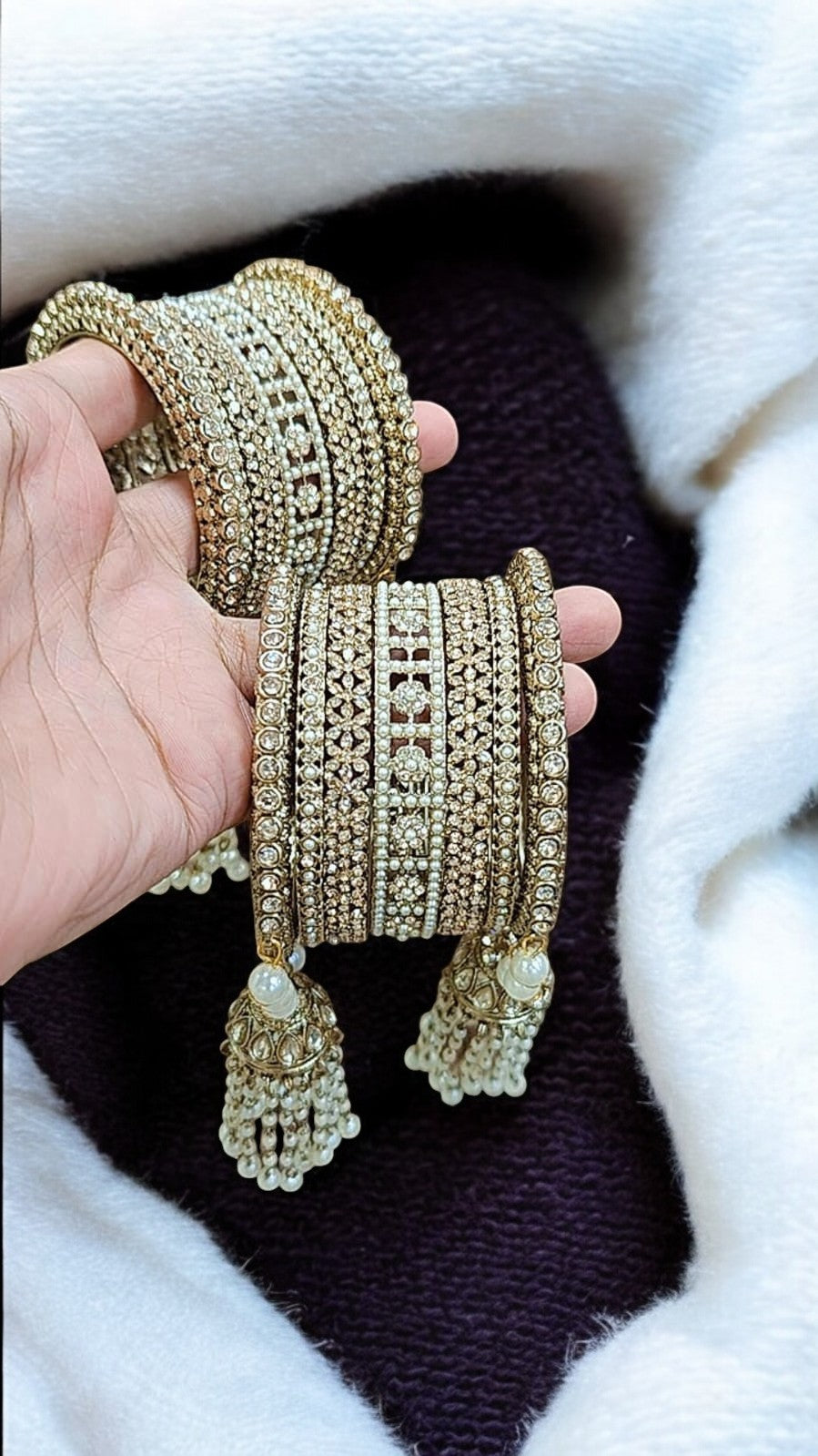 Golden Jhumki Pearl Kundan & Stone Bangles Set | Indian Jewellery | Bridal Bangle Set | Premium Indian Bangles Set