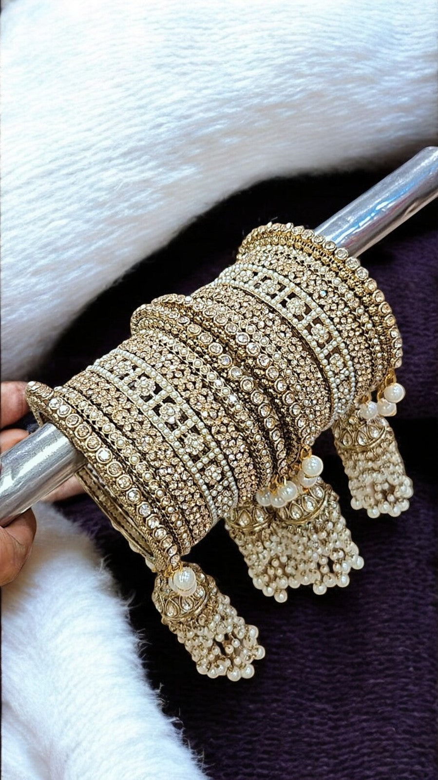 Golden Jhumki Pearl Kundan & Stone Bangles Set | Indian Jewellery | Bridal Bangle Set | Premium Indian Bangles Set