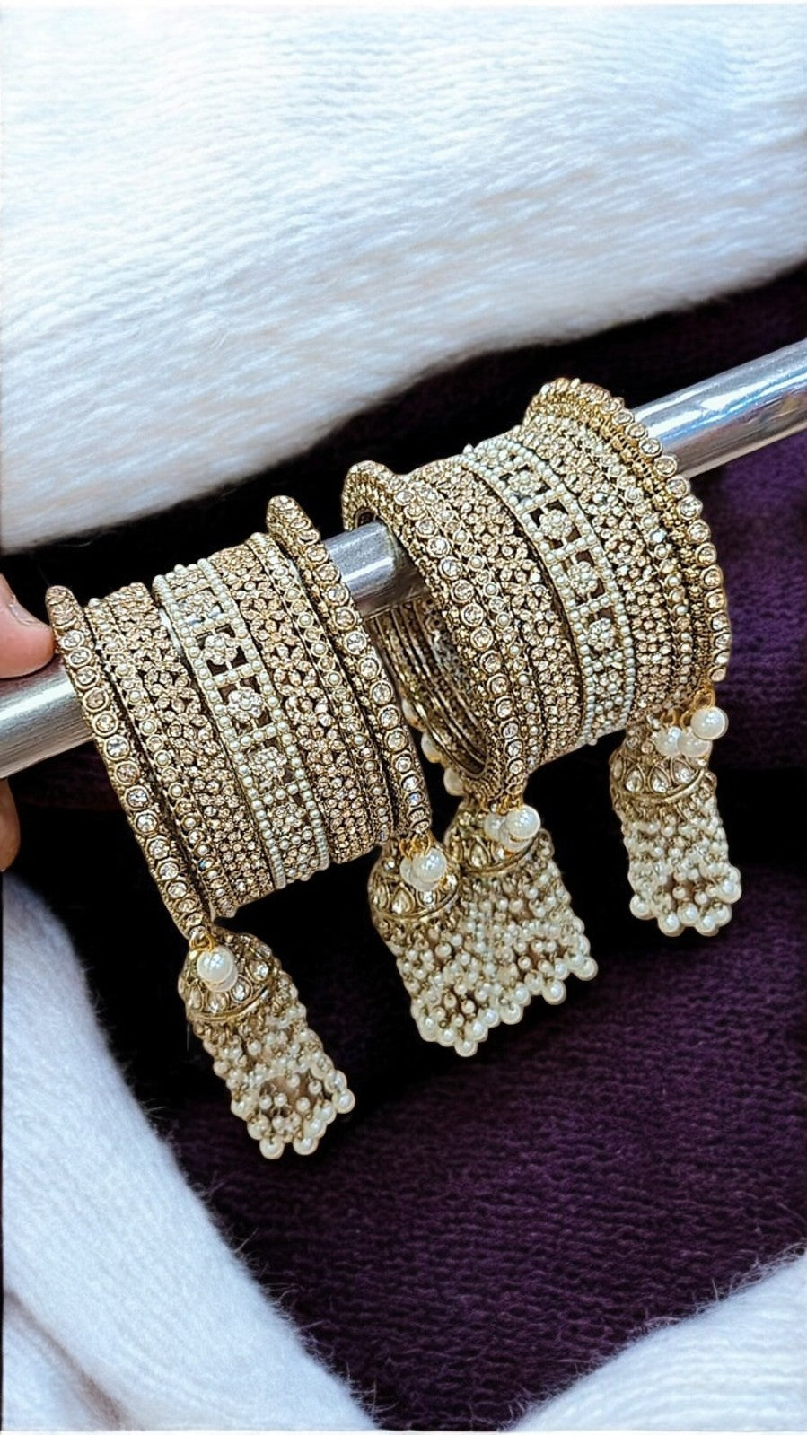 Golden Jhumki Pearl Kundan & Stone Bangles Set | Indian Jewellery | Bridal Bangle Set | Premium Indian Bangles Set