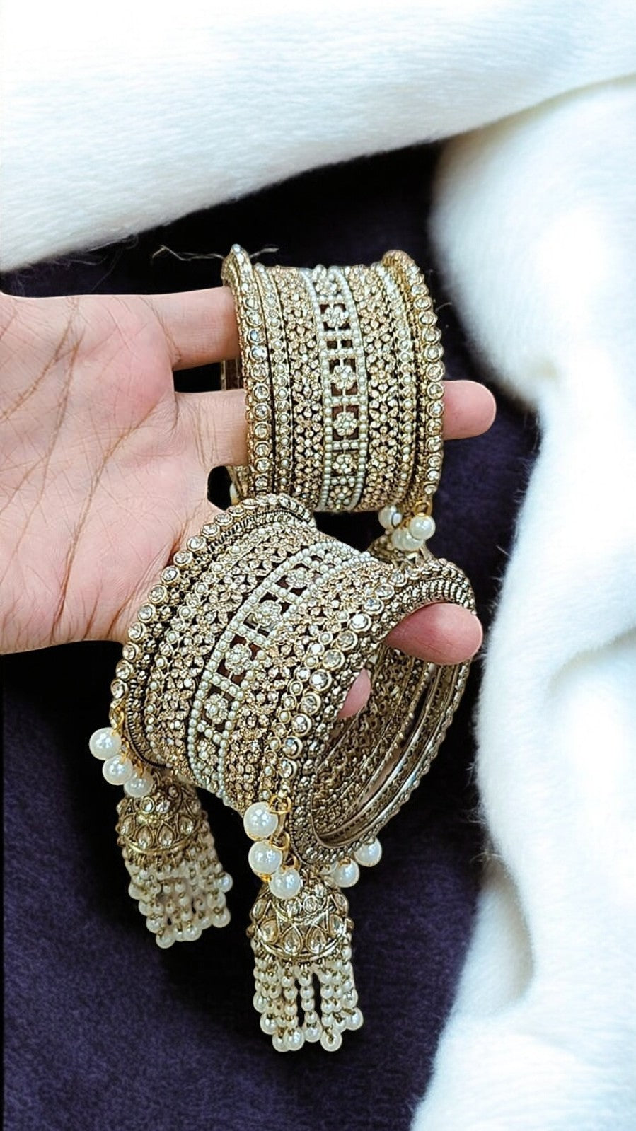 Golden Jhumki Pearl Kundan & Stone Bangles Set | Indian Jewellery | Bridal Bangle Set | Premium Indian Bangles Set