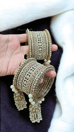 Golden Jhumki Pearl Kundan & Stone Bangles Set | Indian Jewellery | Bridal Bangle Set | Premium Indian Bangles Set