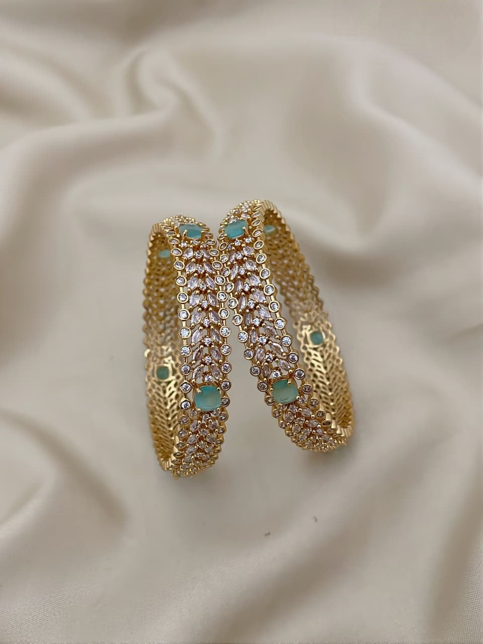 Elegant Gold Plated AD & Mint Green Stone Bangle Set | Cz Diamond Imitation Jewelry