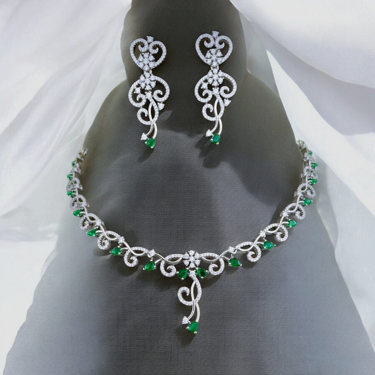 Green Drops AD Neckace Earrings Wedding Jewelry, Green Jewelry Set, CZ Green Choker, AD Green Necklace, AD Earings Set, Bridal Green Jewelry