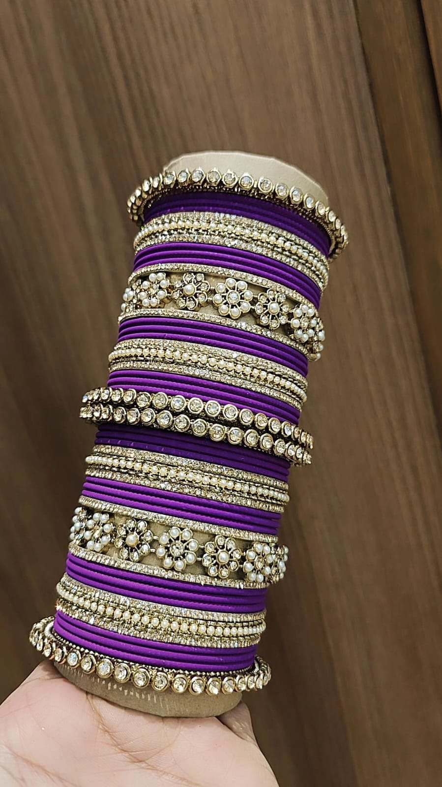 Royal Purple Bridal Stone & Pearl Bangle Set – Elegant Wedding Collection
