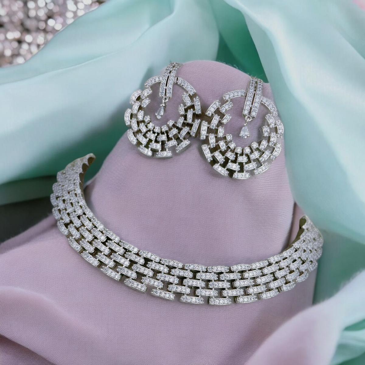 Dazzling American Diamond Choker Matching Chandbali Set, CZ Choker Chandbali Set, Bridal AD Choker, Wedding CZ Chandbali, Indian AD Choker Earrings