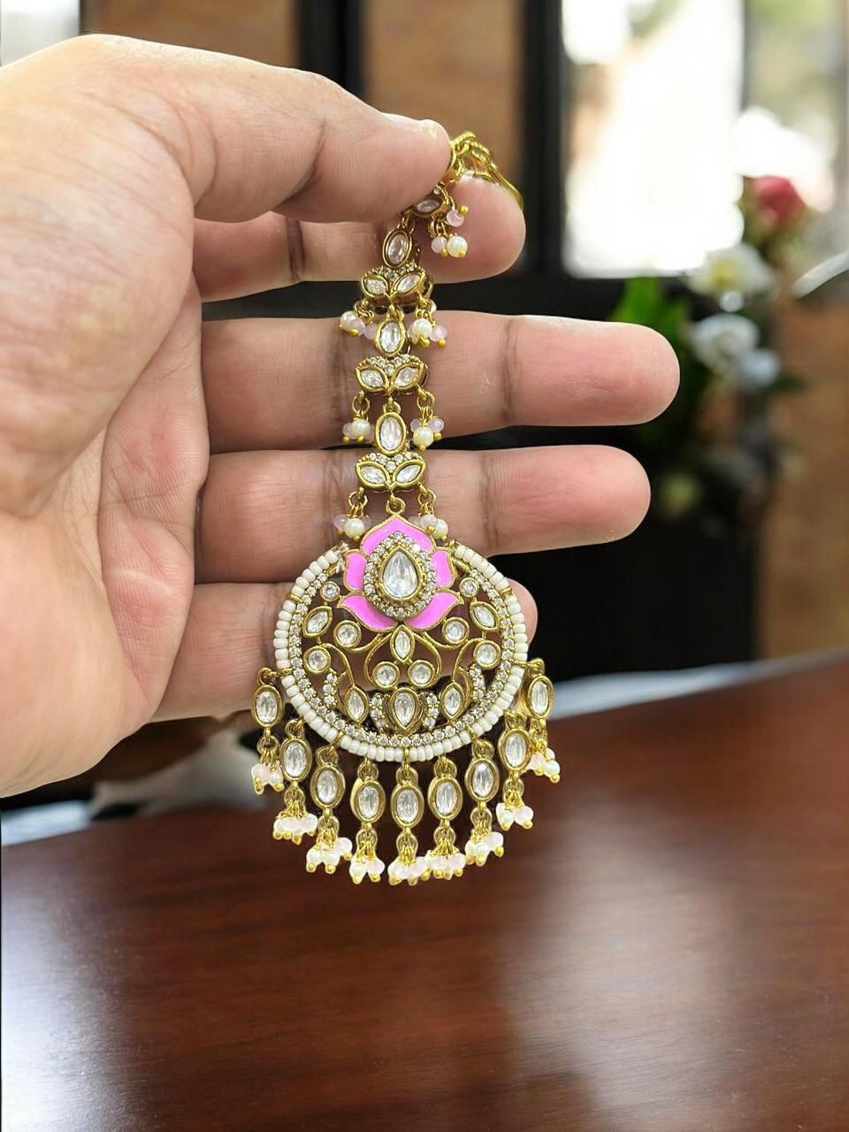 Golden & Pink Kundan Maang Tikka with Pearls | Bridal & Festive Hair Jewelry