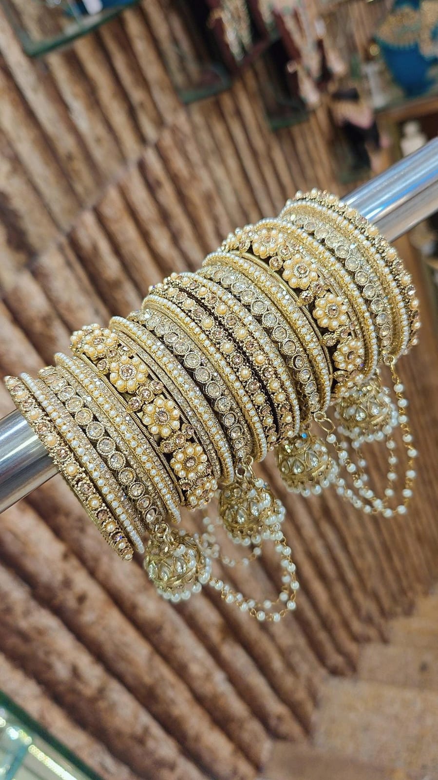 Moti Jhumar Stone Bangles Set with Elegant Copper Touch