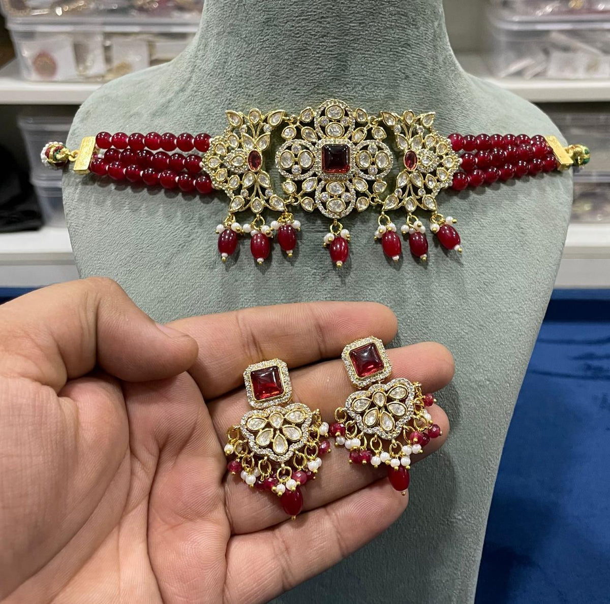 Celebrity Inspired AD Choker Earrings Set, CZ Celebrity Choker, Celebrity CZ Earrings Set, Celebrity AD Jewellery Set, Bollywood CZ Necklace Set