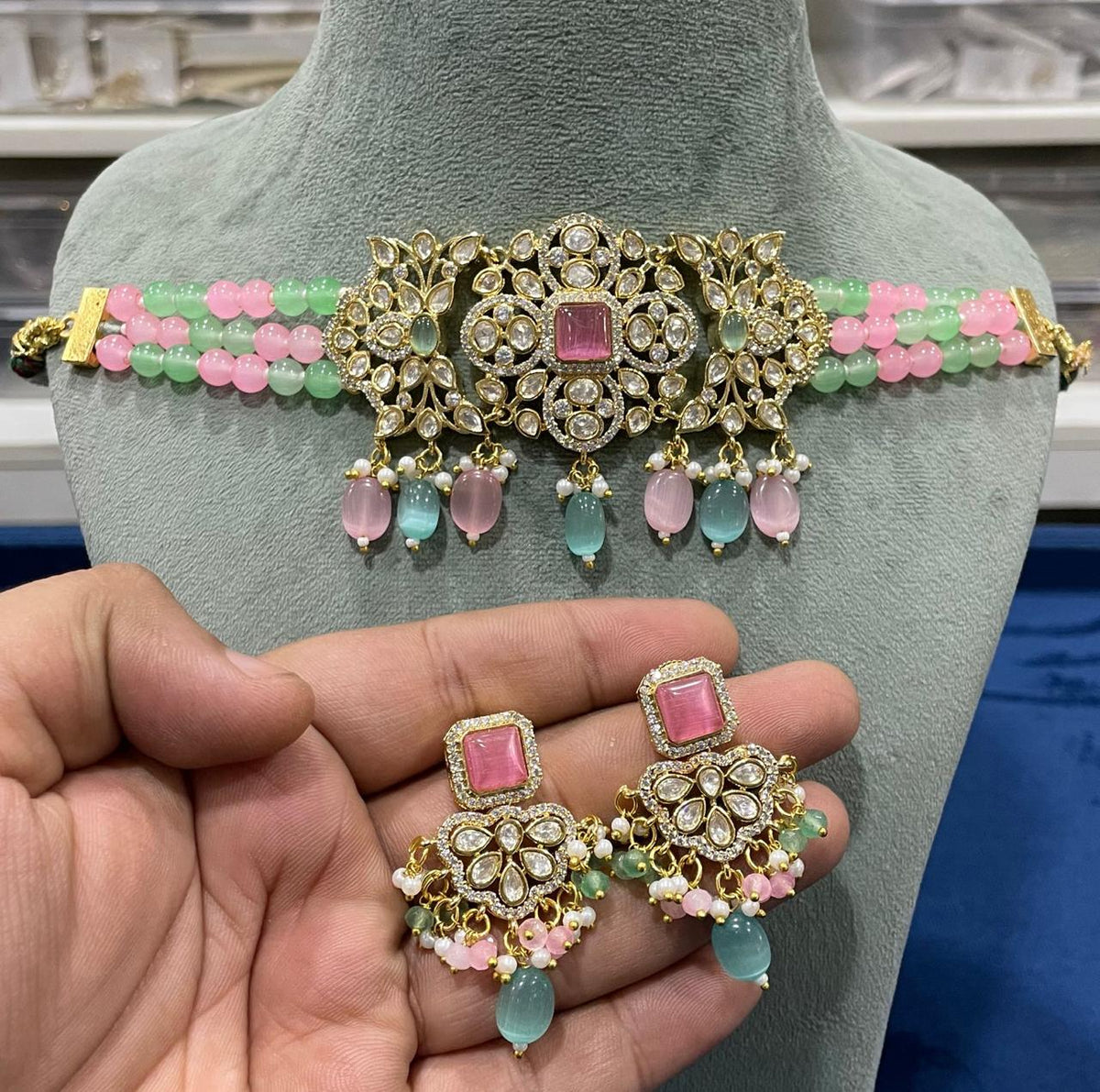 Celebrity Inspired AD Choker Earrings Set, CZ Celebrity Choker, Celebrity CZ Earrings Set, Celebrity AD Jewellery Set, Bollywood CZ Necklace Set