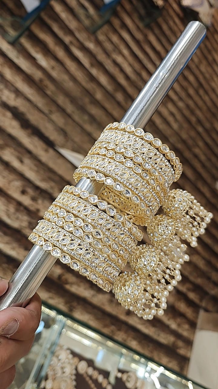 Royal Kundan Stone Bangles Set with Jhumar Kada – Perfect Bridal Jewelry for Weddings - Libasaa.com