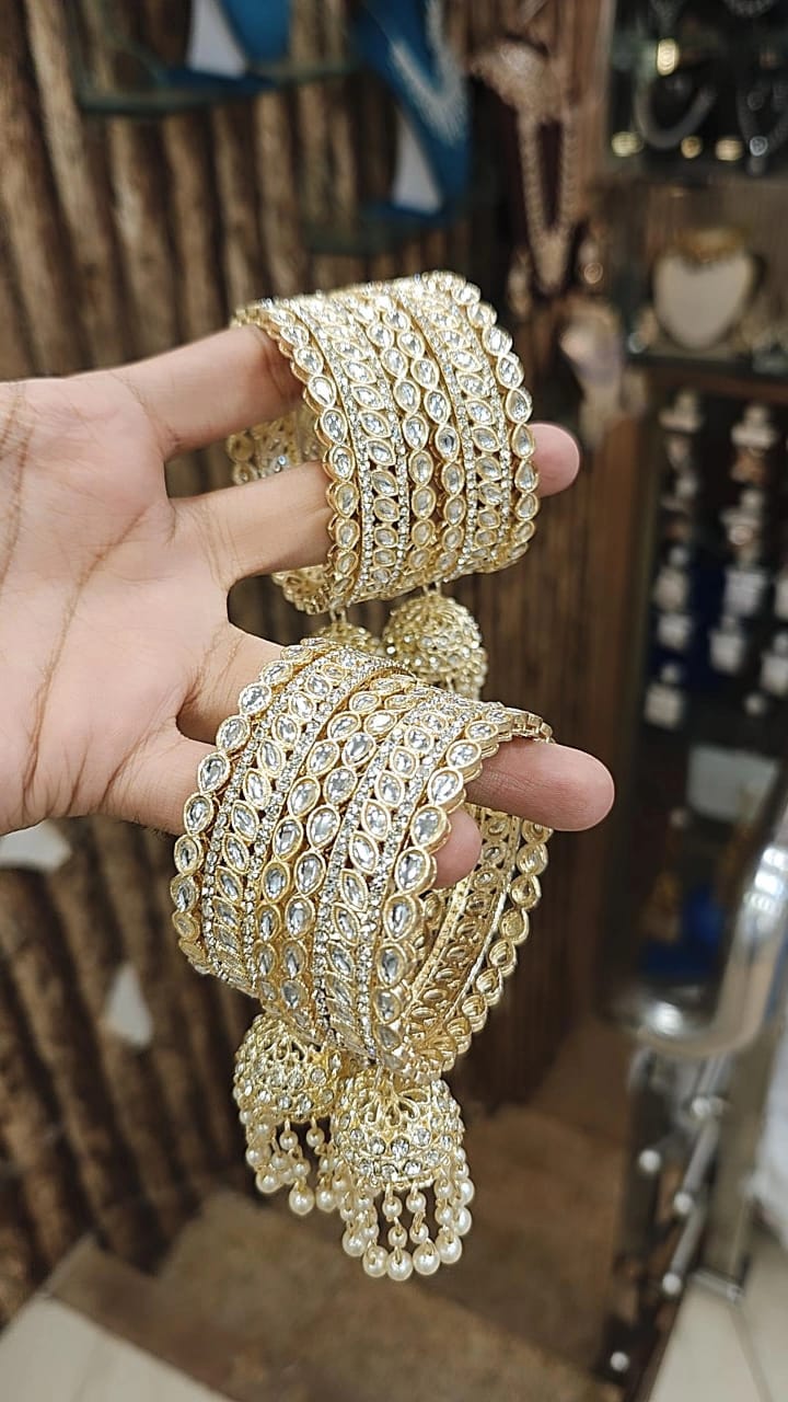 Royal Kundan Stone Bangles Set with Jhumar Kada – Perfect Bridal Jewelry for Weddings - Libasaa.com