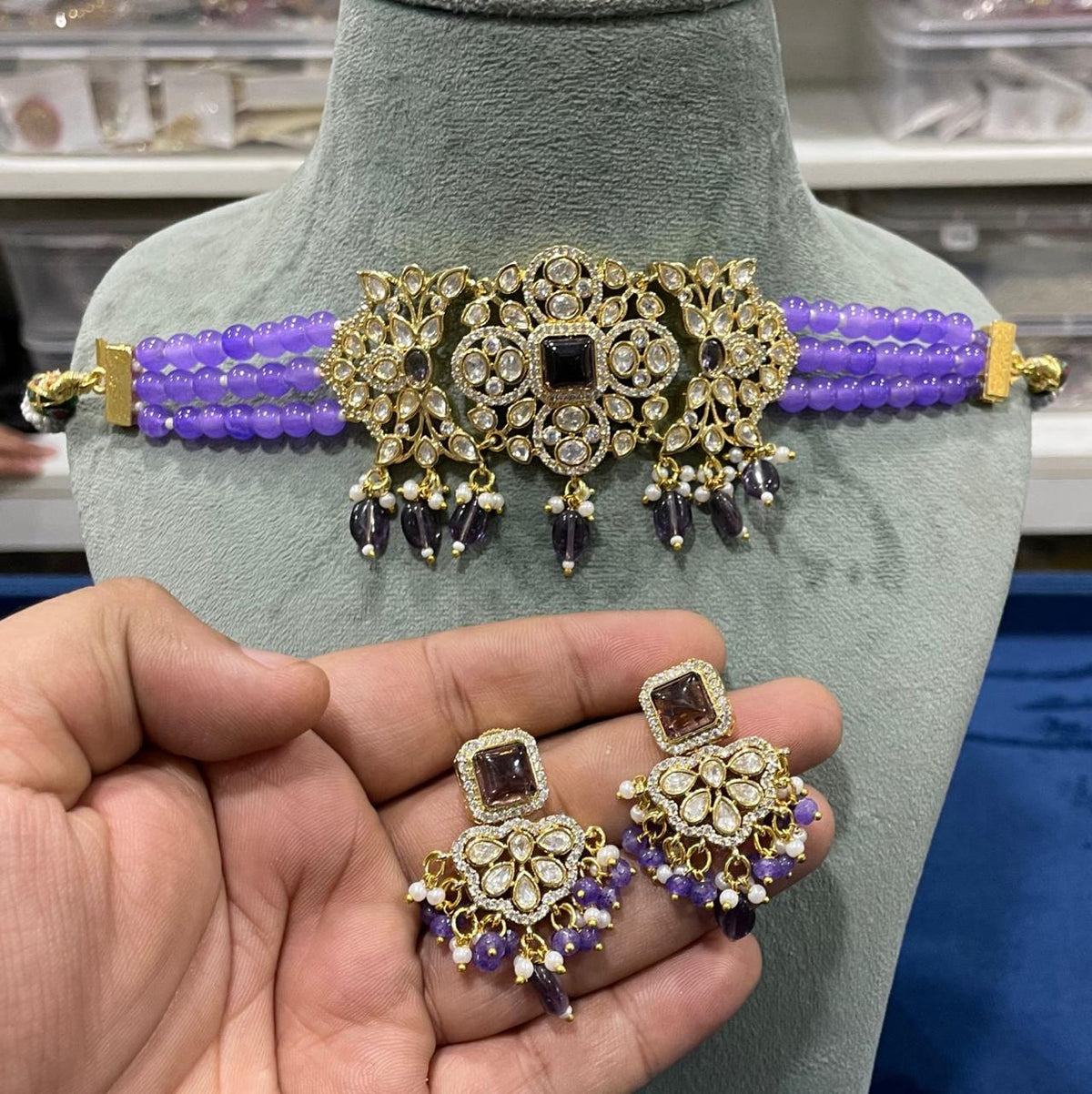 Celebrity Inspired AD Choker Earrings Set, CZ Celebrity Choker, Celebrity CZ Earrings Set, Celebrity AD Jewellery Set, Bollywood CZ Necklace Set