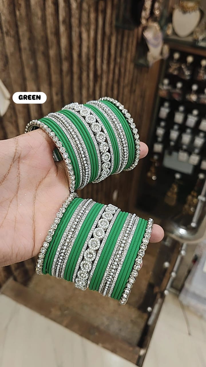 Elegant Moti Silver Stone Diamond Bangles – Timeless Grace for Every Occasion