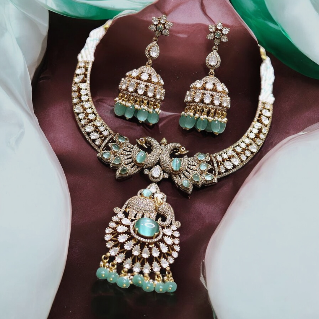 Premium Quality Kundan Peacock & Elephant Style Necklace Set, adorned with AD stones and pearl drop polki kundan Necklace Set