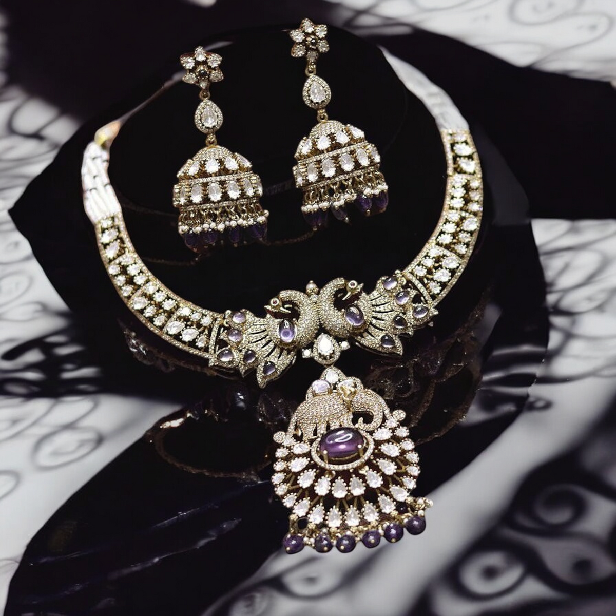 Premium Quality Kundan Peacock & Elephant Style Necklace Set, adorned with AD stones and pearl drop polki kundan Necklace Set