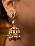 Gold Plated Red Peacock AD Necklace CZ Jhumka Set, Gold Plated AD Jewellery Set, Peacock Inspired AD Necklace Earrings Set, Peacock CZ Necklace Set