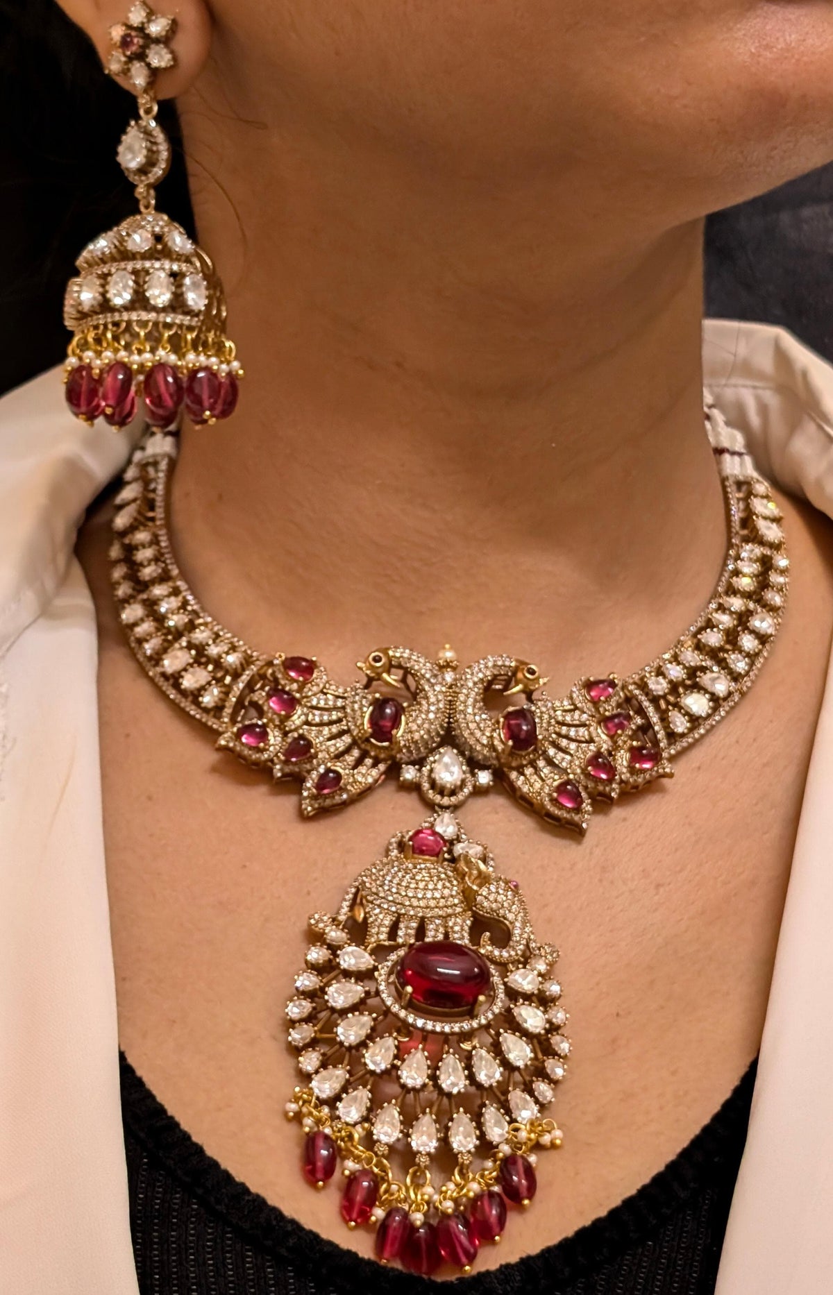 Gold Plated Red Peacock AD Necklace CZ Jhumka Set, Gold Plated AD Jewellery Set, Peacock Inspired AD Necklace Earrings Set, Peacock CZ Necklace Set