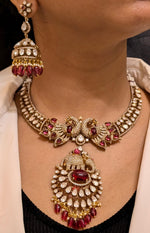 Gold Plated Red Peacock AD Necklace CZ Jhumka Set, Gold Plated AD Jewellery Set, Peacock Inspired AD Necklace Earrings Set, Peacock CZ Necklace Set