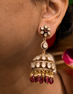 Gold Plated Red Peacock AD Necklace CZ Jhumka Set, Gold Plated AD Jewellery Set, Peacock Inspired AD Necklace Earrings Set, Peacock CZ Necklace Set