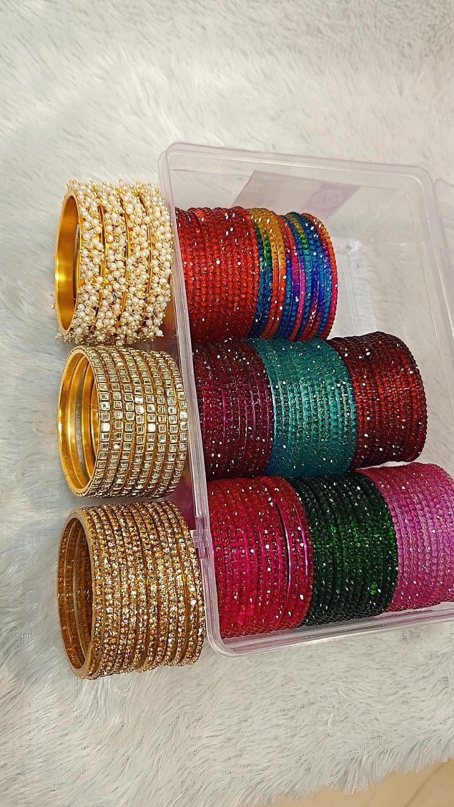 Full Combo Bangle Box | 8 Dozen Flower Bangles, Moti Lariya Kada, Kundan & Diamond Stone Glass Bangles | Indian Jewellery Bangle Combo Set