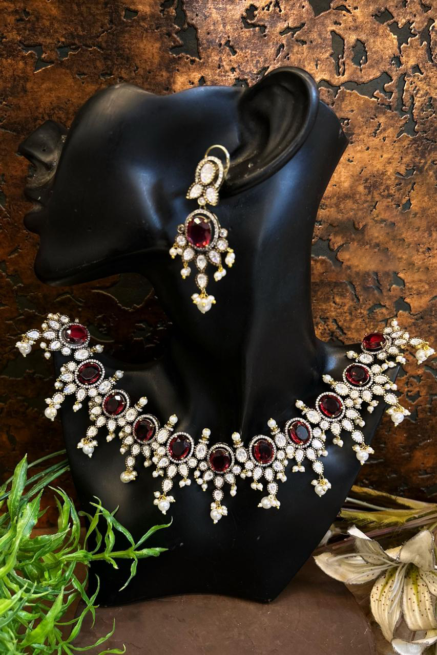 Antique Style Polki Necklace Earrings Indian Jewelry Set, Designer Polki Wedding Jewelry