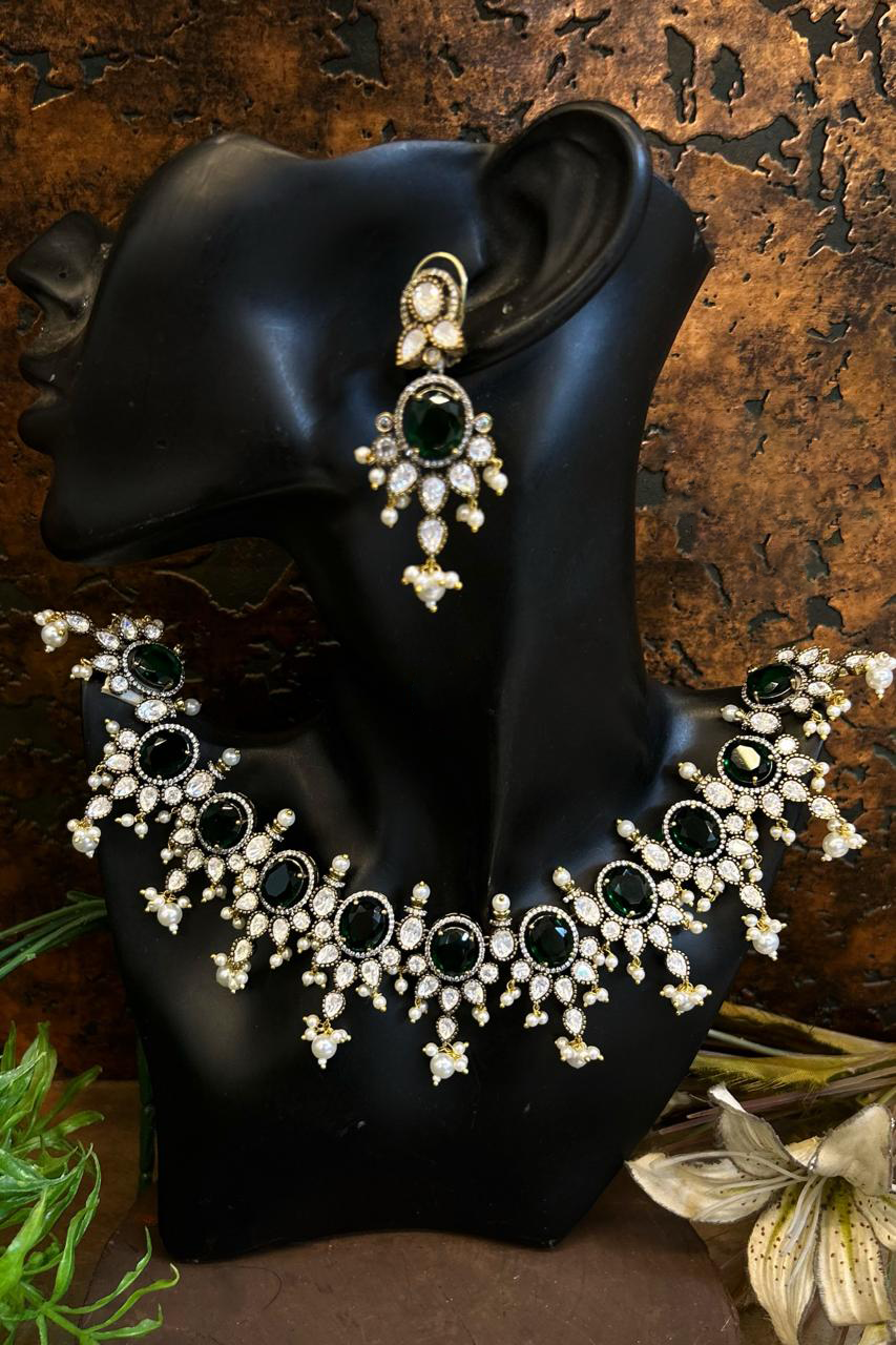 Antique Style Polki Necklace Earrings Indian Jewelry Set, Designer Polki Wedding Jewelry