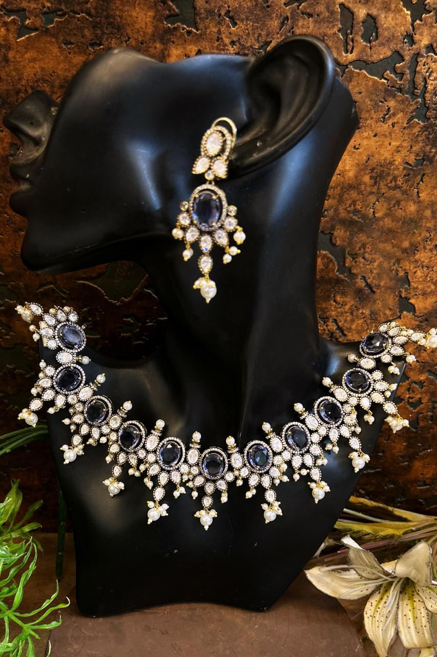 Antique Style Polki Necklace Earrings Indian Jewelry Set, Designer Polki Wedding Jewelry