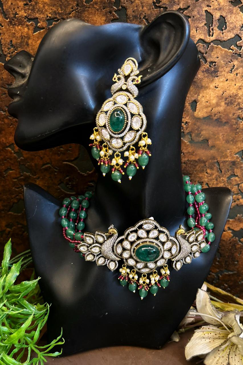 Indian Peacock Polki Meenakari Choker Jewelry Set, Meenakari Polki Choker Earrings Set, Polki Necklace Earrings Set, Polki Peacock Necklace Set