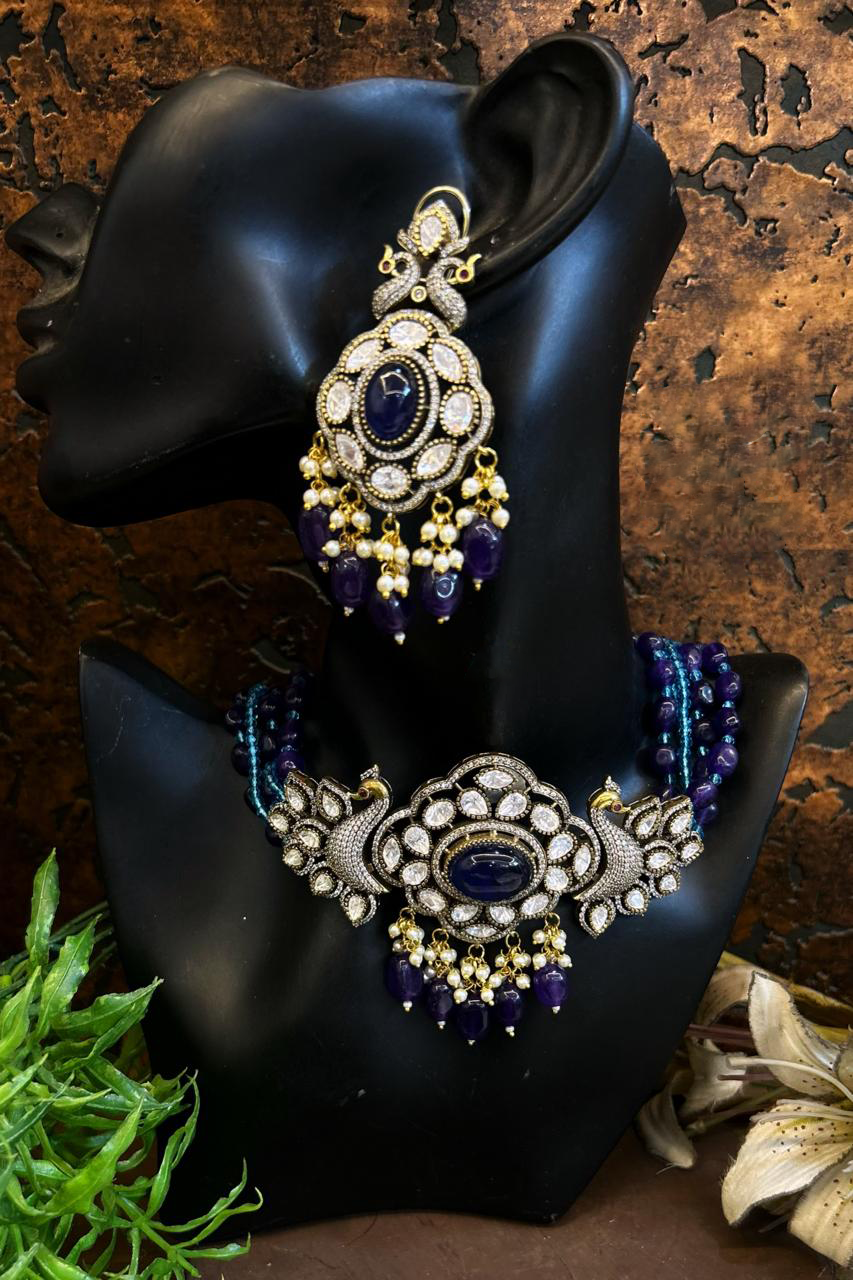 Indian Peacock Polki Meenakari Choker Jewelry Set, Meenakari Polki Choker Earrings Set, Polki Necklace Earrings Set, Polki Peacock Necklace Set