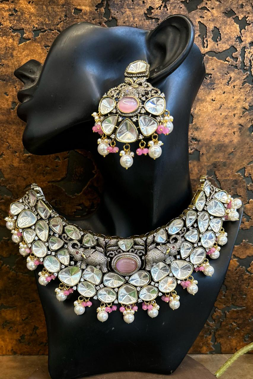 Kundan Doublet Beaded Polki Bridal Choker Set with AD work, Indian Polki Jewelry Set, Bollywood CZ Choker Set, Celeb Inspired Kundan Necklace Set