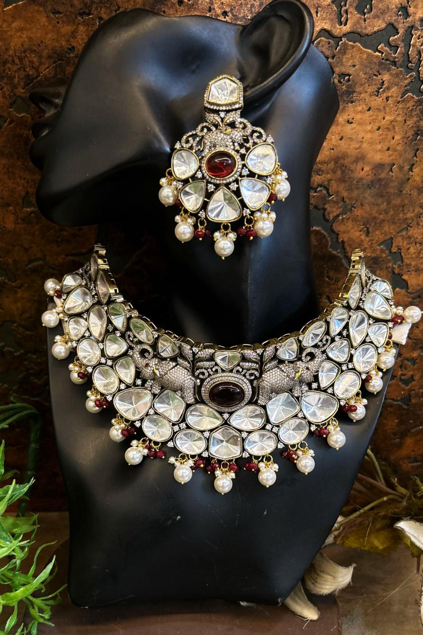 Kundan Doublet Beaded Polki Bridal Choker Set with AD work, Indian Polki Jewelry Set, Bollywood CZ Choker Set, Celeb Inspired Kundan Necklace Set