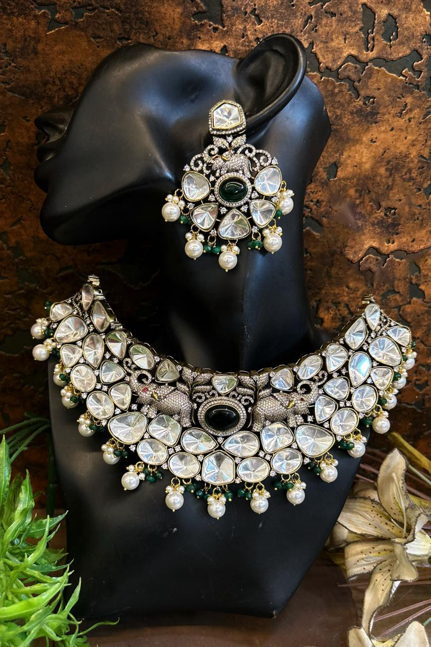 Kundan Doublet Beaded Polki Bridal Choker Set with AD work, Indian Polki Jewelry Set, Bollywood CZ Choker Set, Celeb Inspired Kundan Necklace Set