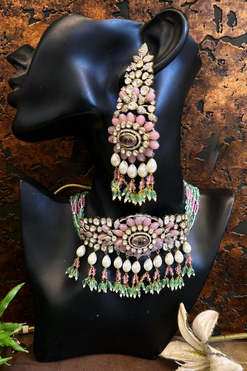 Exquisite Regal Antique Polki Choker Earrings Set, Heritage Bridal Polki Jewelry, Indian Wedding Polki Necklace Earrings, Pakistani Polki Necklace