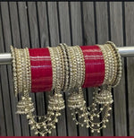 Traditional Deep Pink Punjabi Bridal Chura Set with Attached Gold Kaleere | Kundan Work Wedding Bangles for Brides | Indian Bridal Jewelry Set