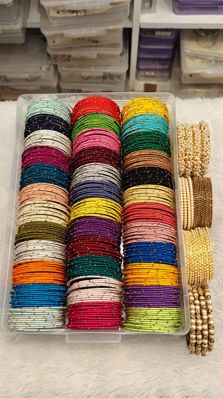 Thread Bangle Combo Box 36 Colours – Gold Moti Bangles, Ball Chain, Lariya Moti Kada Bridal & Festive Indian Bangles Combo Set