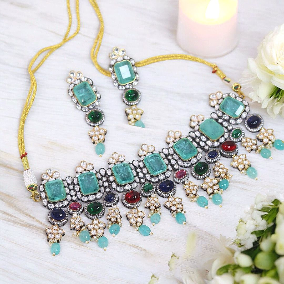 Dazzling Stunning Indian Polki Necklace Earrings Set, Indian Polki Necklace Set, Polki Necklace, Polki Earrings, Polki Necklace Earrings