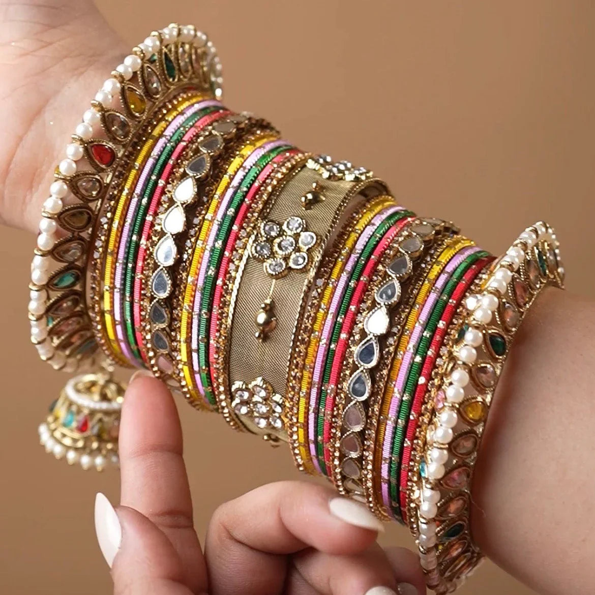 Multicoloured Jhumki Bangle with Jaaliwork Kada Set – Bridal Bangles Set, Gold Plated Traditional Wedding & Festive Jewellery for Women