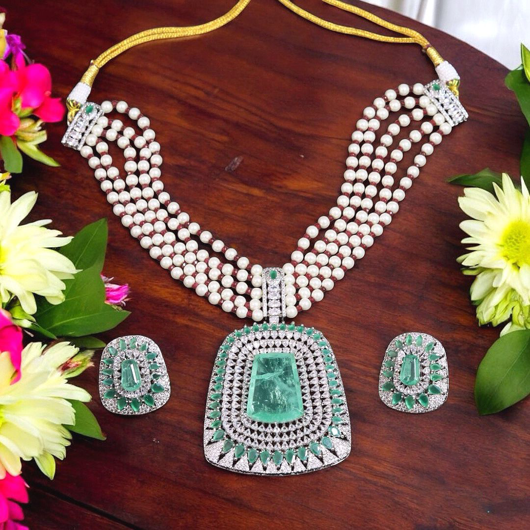 Malaika Arora Pearl Kundan Necklace Set, Bollywood Inspired Necklace Set, Pearl Choker Set, AD Stones Indian Bollywood Kundan Necklace Set