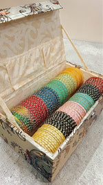 Flower Glass Bangles Combo Box – 12 Colours | 12 Dozen Chudi Set with 2 Roll Flower Print Bangles | Traditional Indian Jewellery