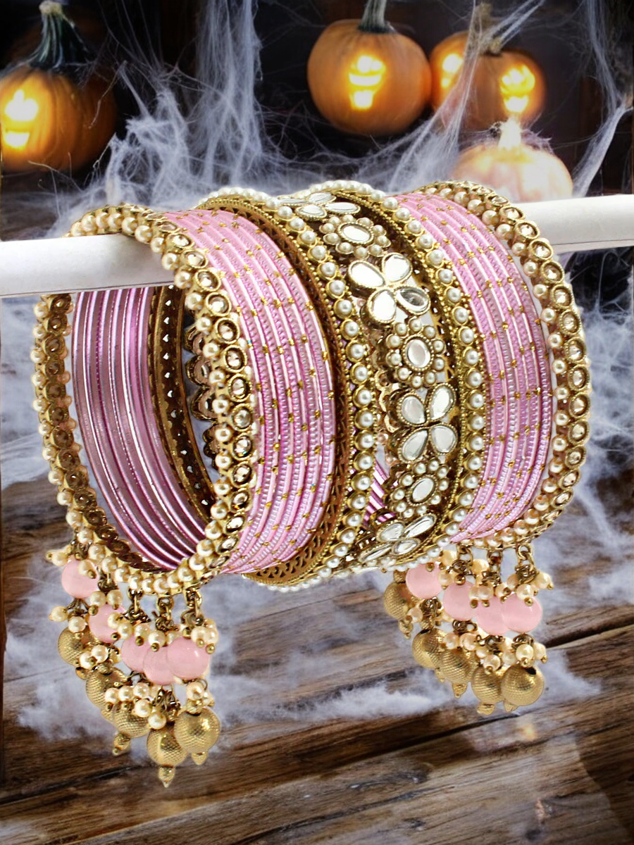 Kundan Pearl Beaded Mirror Bangle Set, Indian Wedding Jewelry, Kundan Jewelry