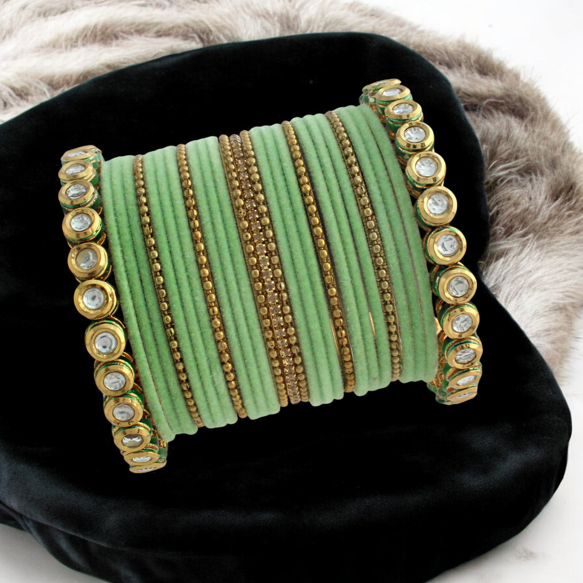 Mint Stone Velvet Bridal Bangle Set, Kundan Bangles, Indian Bangles Set, Indian Jewellery set
