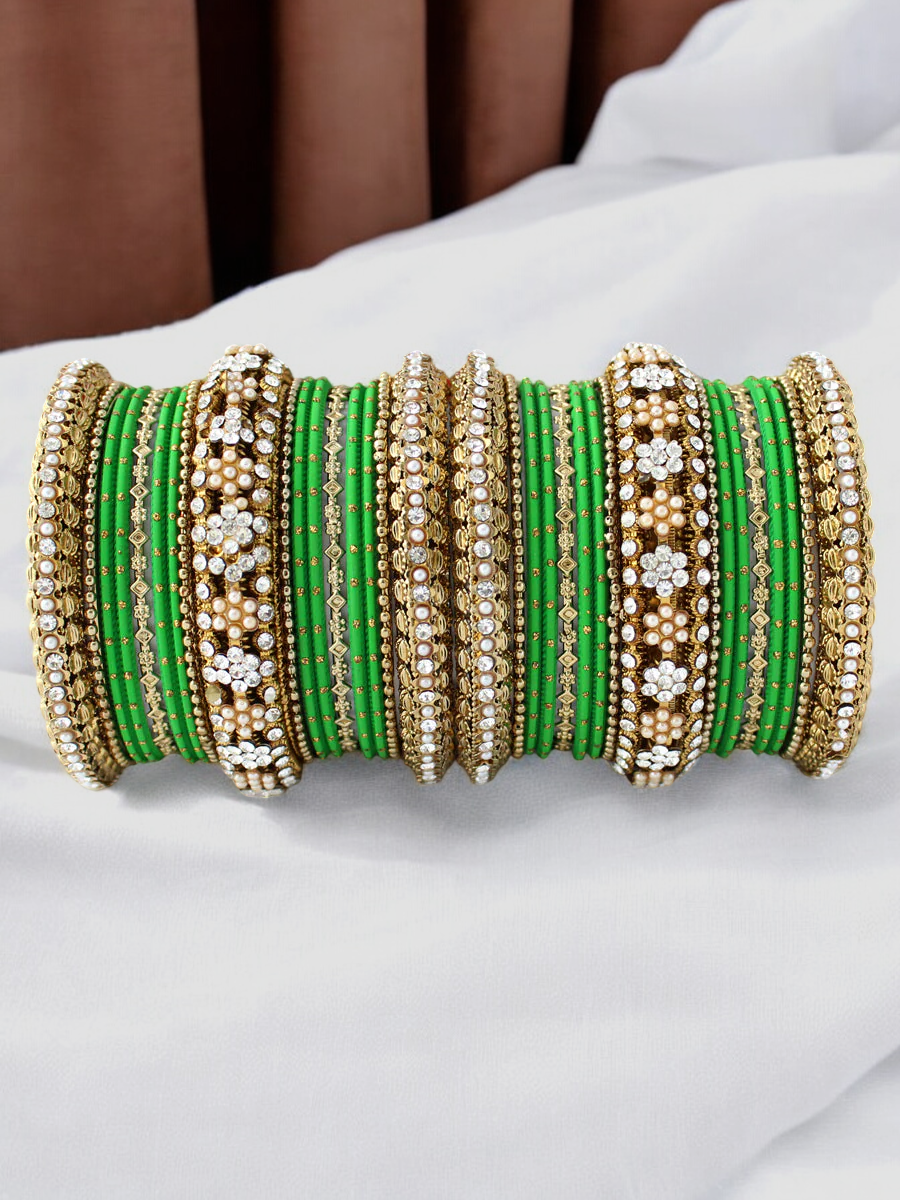 Gold Plated Green Kundan Bridal Chooda Bangles Set, Green Chooda, Green Bangles, Kundan Chooda Set, Green Jewellery Set, Pearl Chooda Set