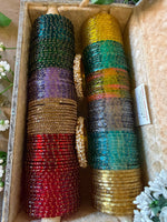 RainDrop Glass Bangles Combo Set (12 Dozen, 12 Colours Box With Golden Pearl Kada 2 Pcs ) | Indian Bangles Set & Jewellery | Richnees Look