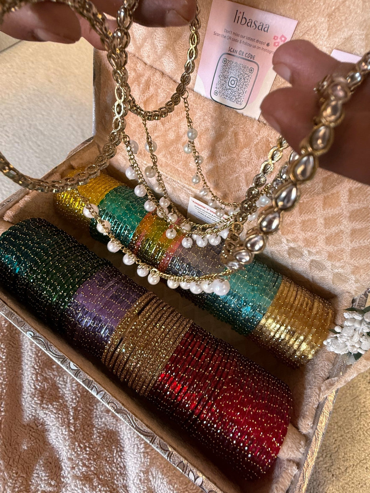Rain Drop Glass Bangles Combo Set (12 Dozen, 12 Colours Box With Kundan Pearl Kada Chain Hathphool 2 Pcs ) | Indian Bangles Set & Jewellery | Richnees Look