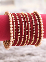 Golden Red Bollywood Celebrity Inspired Bangles Chura Set, Golden Red Pearl Bangles, Bollywood Chura