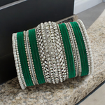 Silver Plated Green Celebrity Chura Bangles Set, Silver Green Bangles Set, Silver Green Jewellery Set, Indian Pearl Jewelry Set, Bollywood Kundan Jewellery