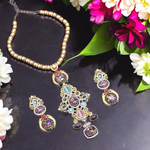 Statement Multicolor Pendant Polki Necklace Set, Indian Polki Jewelry with Earrings