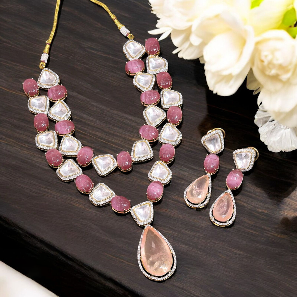 Kundan Stones Multi Layered Necklace Set, Kundan Jewelry, Bridal Necklace Set, Indian Jewelry, Celebrity Inspired Kundan Doublet Stone Necklace Set